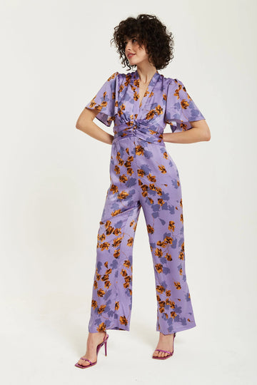 Purple Floral Wide Leg Jumpsuit With Angel Sleeves Liquorish